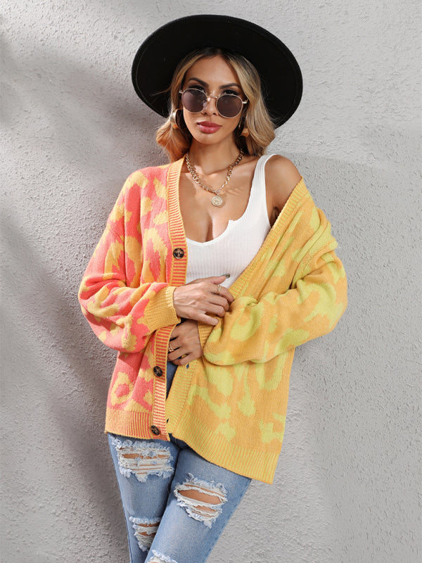 Leopard Print Oversized Knit Cardigan Yellow