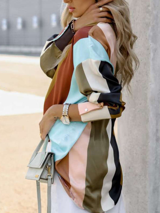 Women's Printed Lantern Sleeve Button-Up Shirt