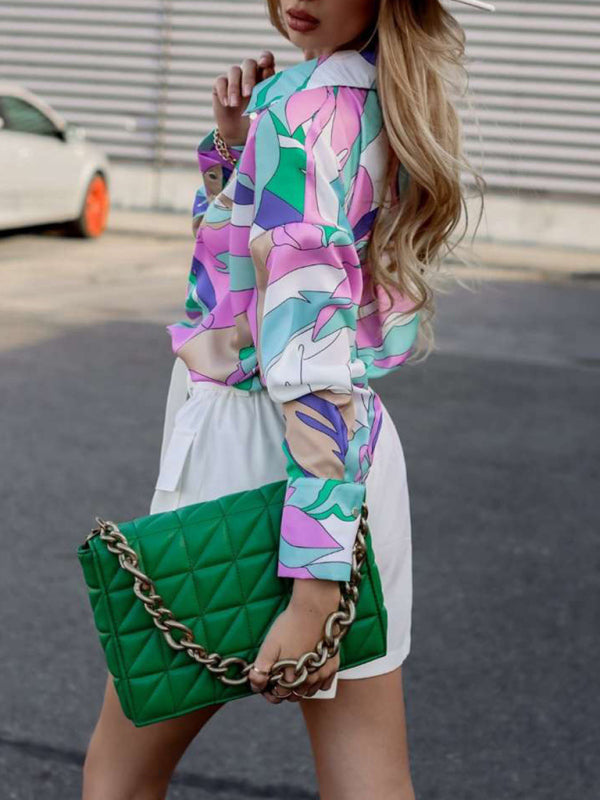 Women's Printed Lantern Sleeve Button-Up Shirt