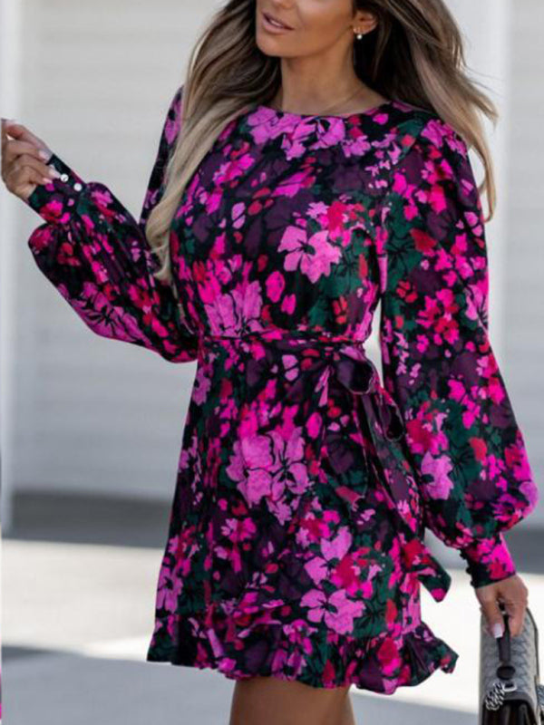 Printed Tie Waist Long Sleeve Dress – Round Neck, Woven Fabric