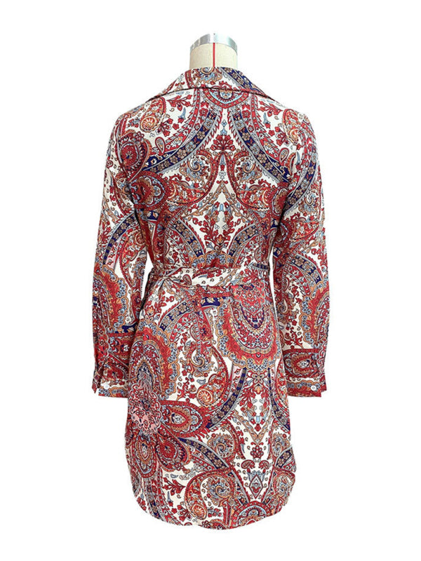 Boho Lace-Up Midi Dress – Ethnic Print, Long Sleeves, Wrinkle-Resistant