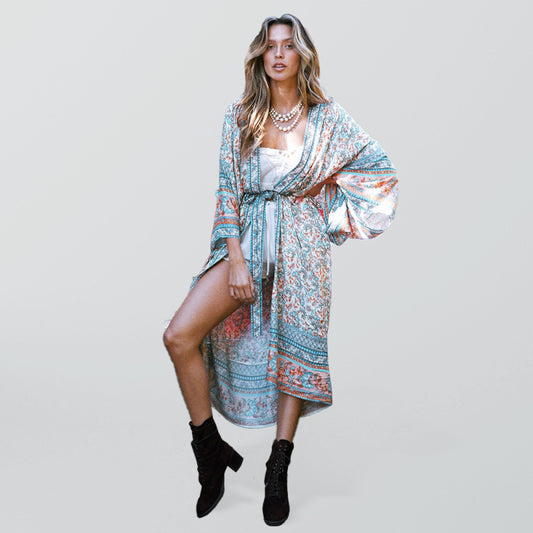 Boho Cotton Print Beach Cardigan – Lightweight Open Front Vacation Overshirt
