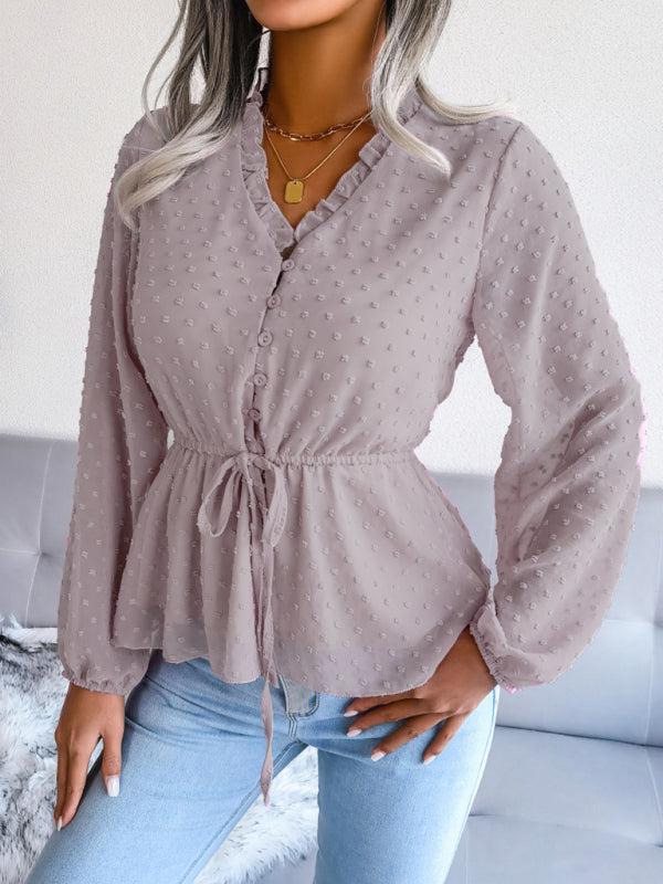 Polka Dot Chiffon Ruffle Blouse – Tie Waist