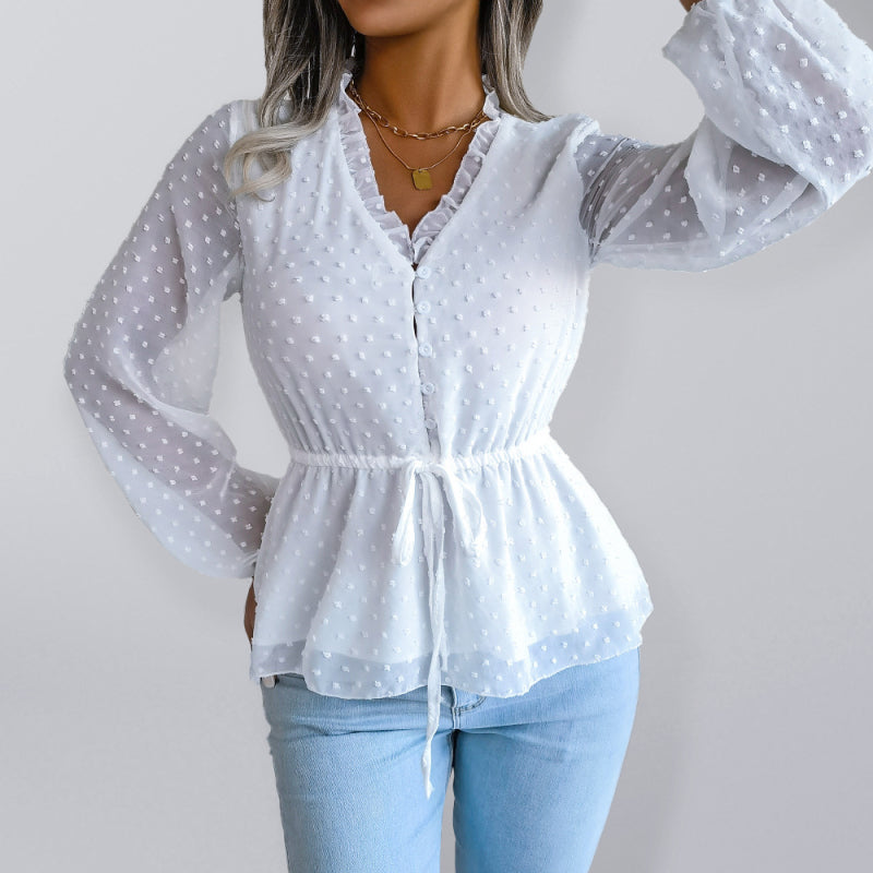 Polka Dot Chiffon Ruffle Blouse – Tie Waist