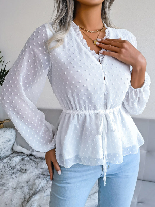 Polka Dot Chiffon Ruffle Blouse – Tie Waist