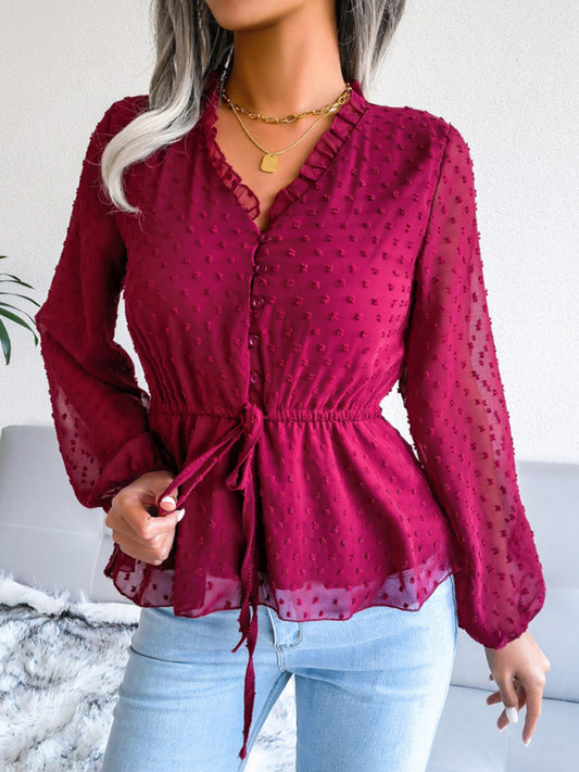 Polka Dot Chiffon Ruffle Blouse – Tie Waist