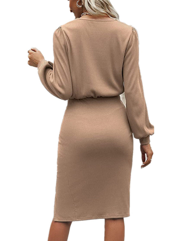 Knit Lantern Sleeve Waist-Cinched Midi Dress with Side Slit – Cotton Blend