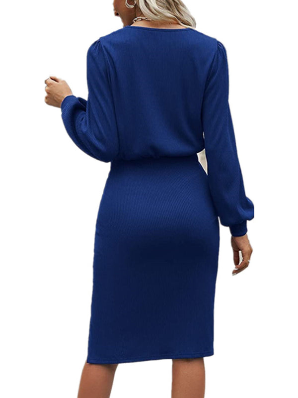 Knit Lantern Sleeve Waist-Cinched Midi Dress with Side Slit – Cotton Blend