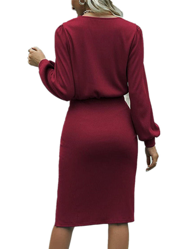 Knit Lantern Sleeve Waist-Cinched Midi Dress with Side Slit – Cotton Blend
