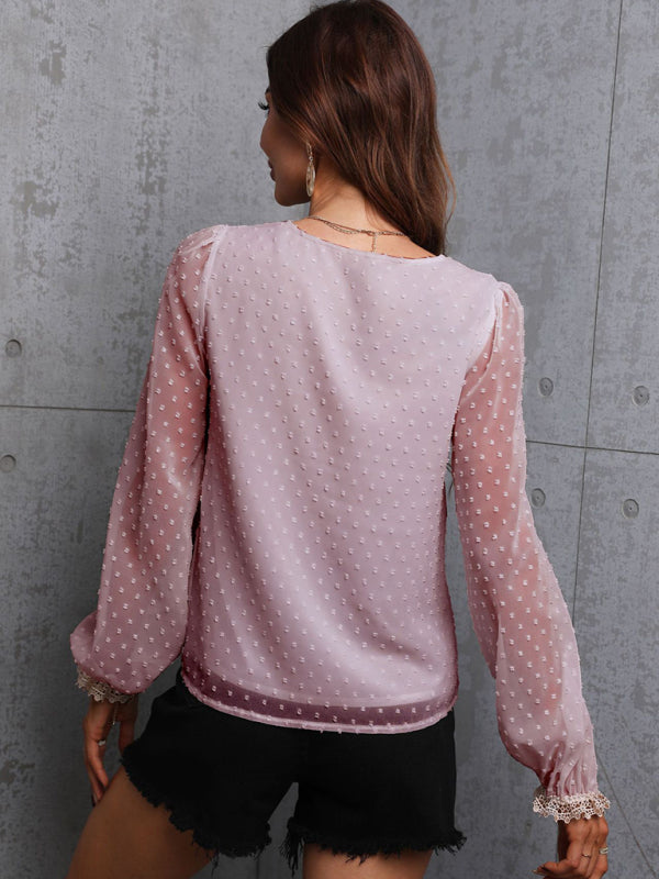 Chiffon Lace Long Sleeve V-Neck Blouse