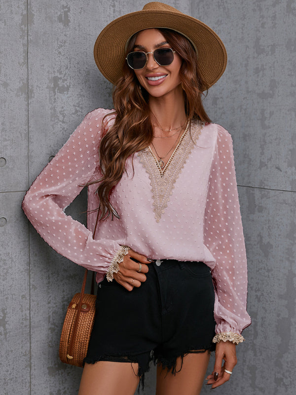 Chiffon Lace Long Sleeve V-Neck Blouse