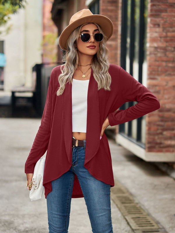 Long Sleeve Knit Cardigan for Women Wine Red