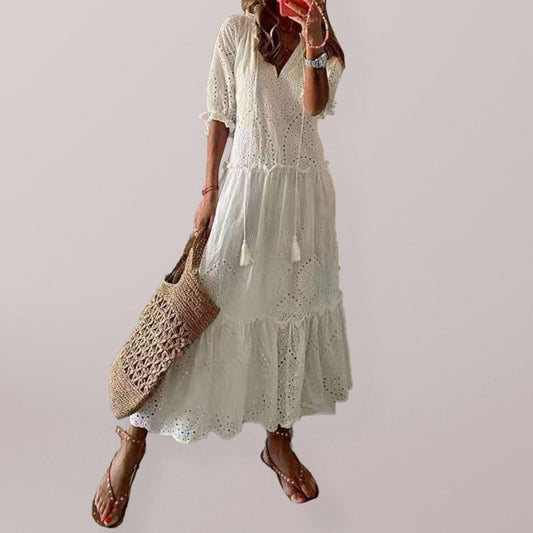 Solid V-Neck Midi Dress – Soft Stretch Knit, Graceful Style, All-Season Wear