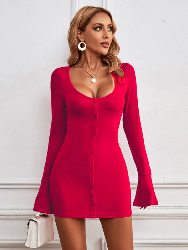 Single-Breasted U-Neck Knit Midi Dress – Long Flared Sleeves