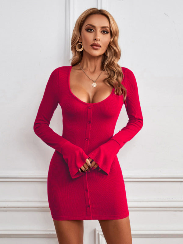 Single-Breasted U-Neck Knit Midi Dress – Long Flared Sleeves