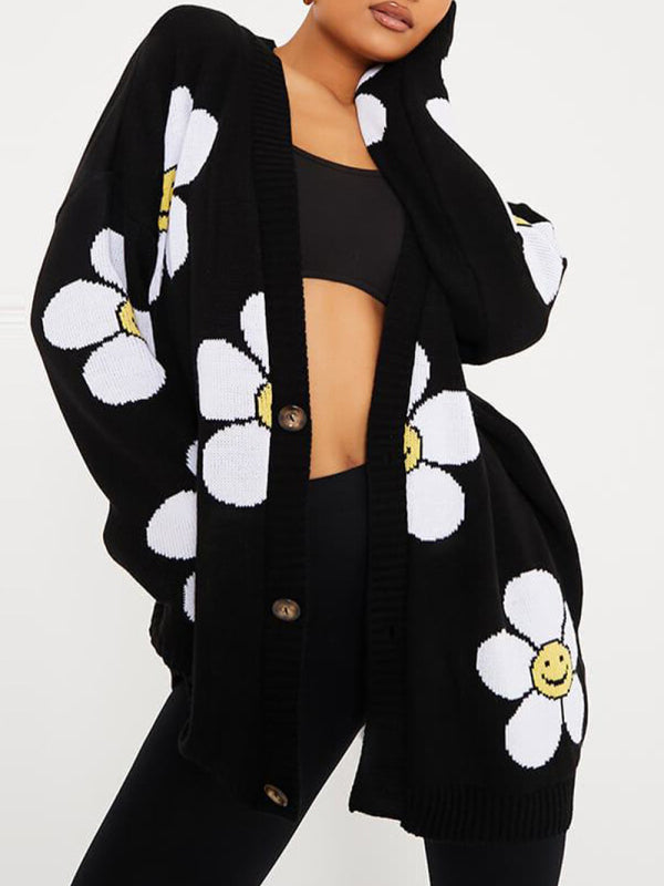 Heart Knit V-Neck Mid-Length Cardigan Black FREESIZE