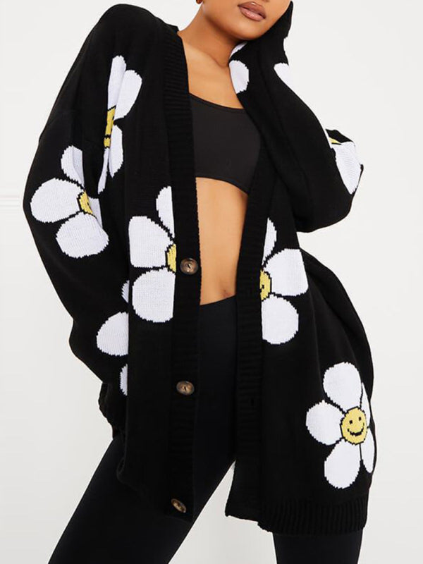 Heart Knit V-Neck Mid-Length Cardigan