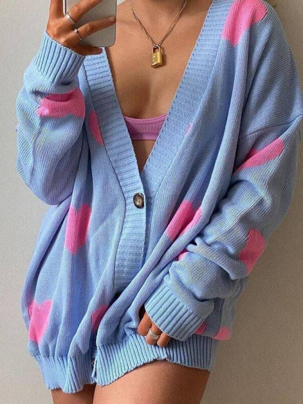 Heart Knit V-Neck Mid-Length Cardigan