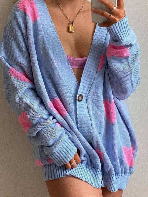 Heart Knit V-Neck Mid-Length Cardigan