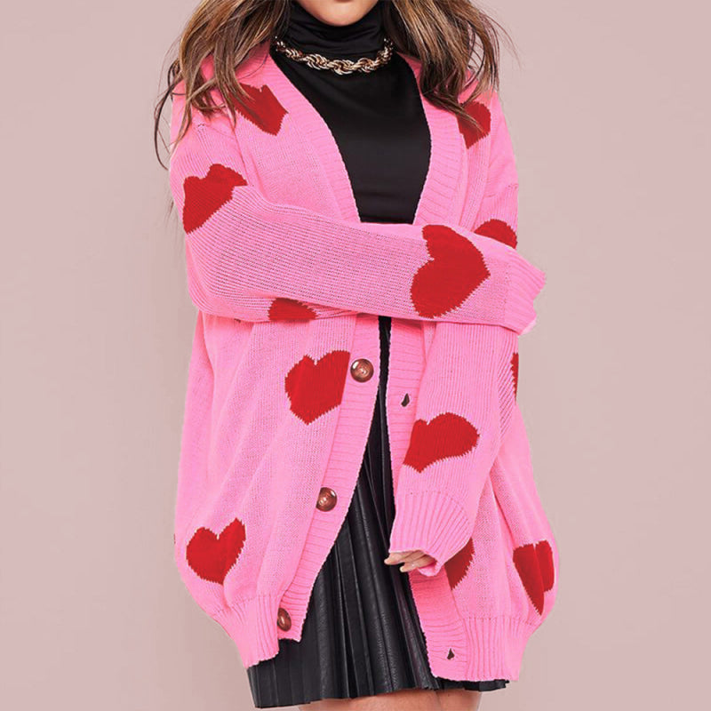 Heart Knit V-Neck Mid-Length Cardigan Pink FREESIZE