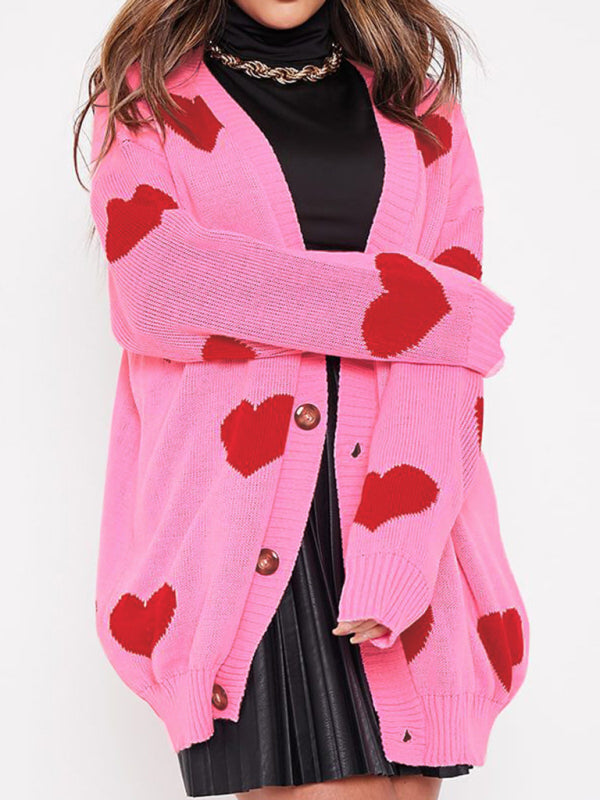 Heart Knit V-Neck Mid-Length Cardigan