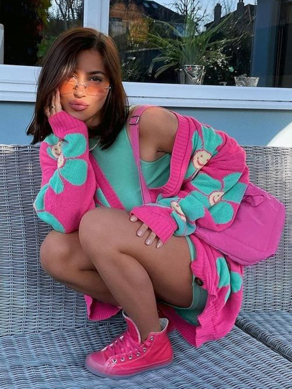 Heart Knit V-Neck Mid-Length Cardigan