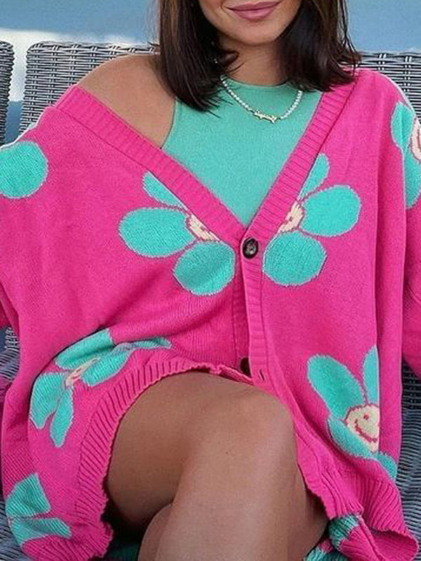 Heart Knit V-Neck Mid-Length Cardigan Rose FREESIZE