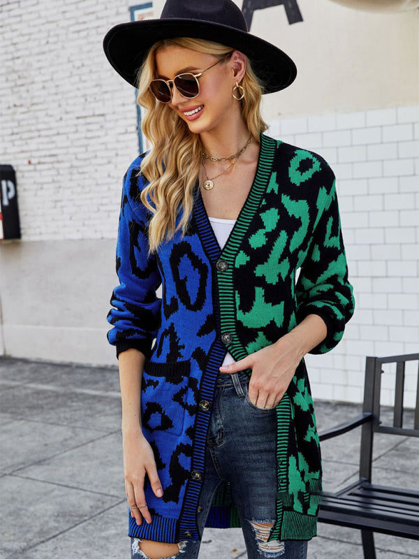 Leopard Print Knit Cardigan for Women Green