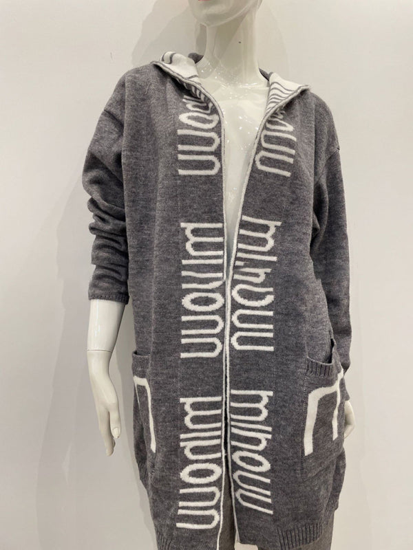 Hooded Knit Cardigan for Women - Mid-Length Grey