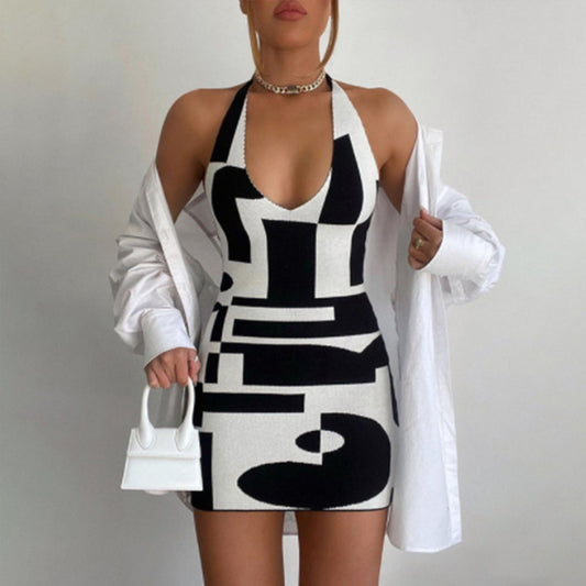 Contrasting Color Halter Neck Backless Mini Dress – Sleek & Sexy Fit