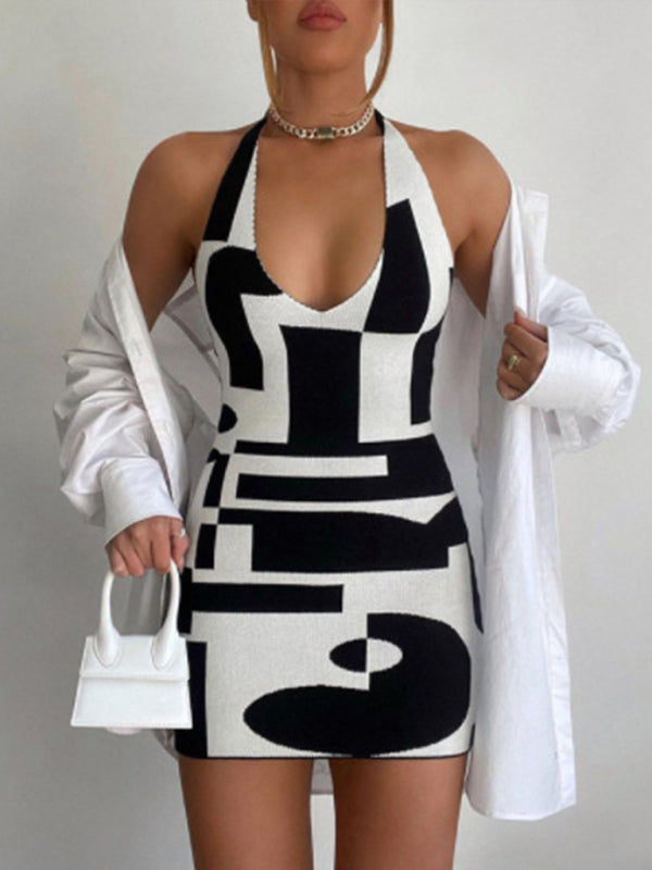 Contrasting Color Halter Neck Backless Mini Dress – Sleek & Sexy Fit