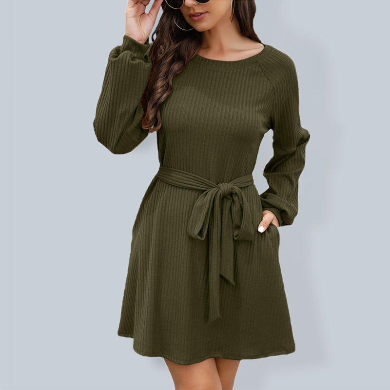 Mid-Length Solid Color Belted Dress – Round Neck, Knit Polyester