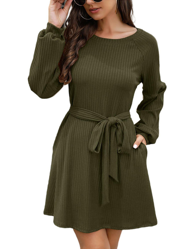Mid-Length Solid Color Belted Dress – Round Neck, Knit Polyester