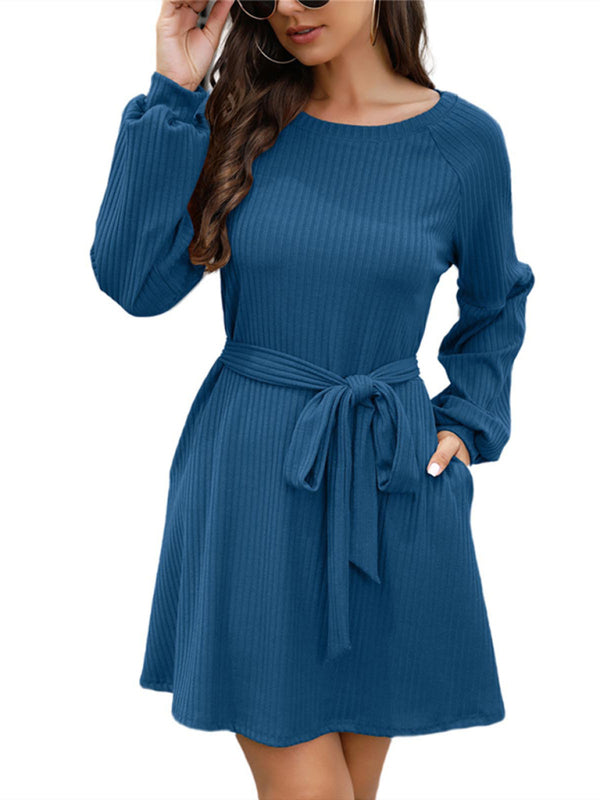 Mid-Length Solid Color Belted Dress – Round Neck, Knit Polyester