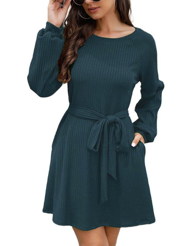 Mid-Length Solid Color Belted Dress – Round Neck, Knit Polyester