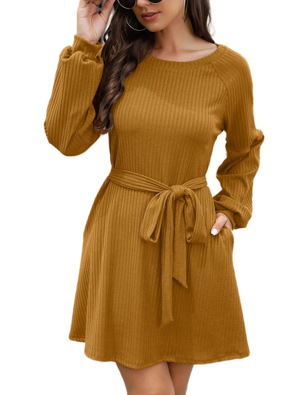 Mid-Length Solid Color Belted Dress – Round Neck, Knit Polyester