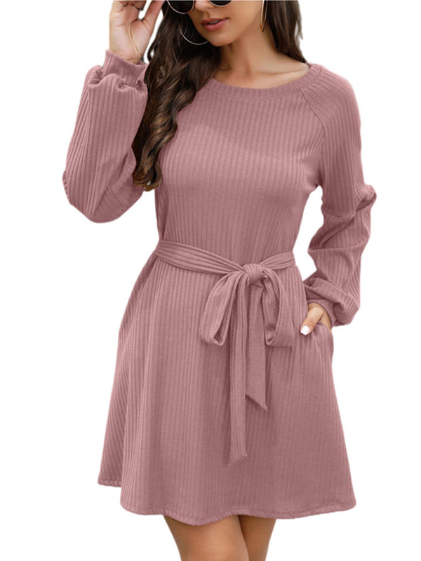 Mid-Length Solid Color Belted Dress – Round Neck, Knit Polyester