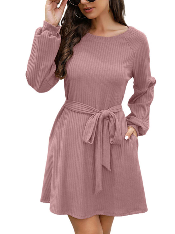 Mid-Length Solid Color Belted Dress – Round Neck, Knit Polyester