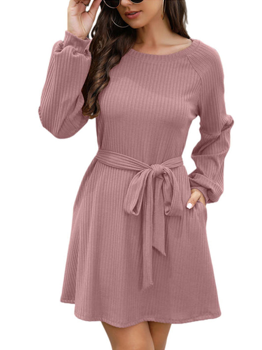 Mid-Length Solid Color Belted Dress – Round Neck, Knit Polyester