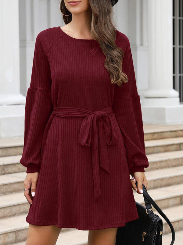 Mid-Length Solid Color Belted Dress – Round Neck, Knit Polyester