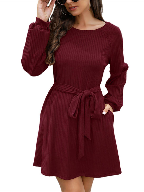 Mid-Length Solid Color Belted Dress – Round Neck, Knit Polyester
