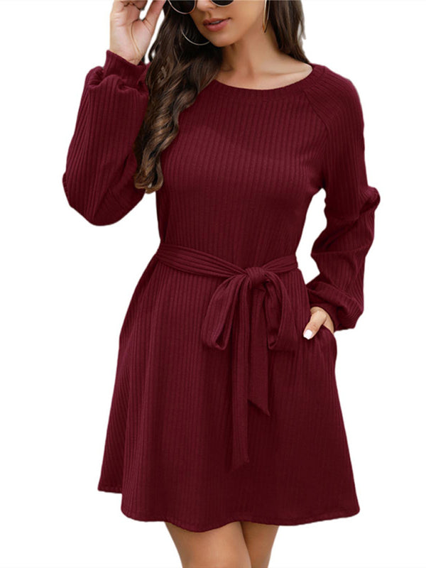 Mid-Length Solid Color Belted Dress – Round Neck, Knit Polyester