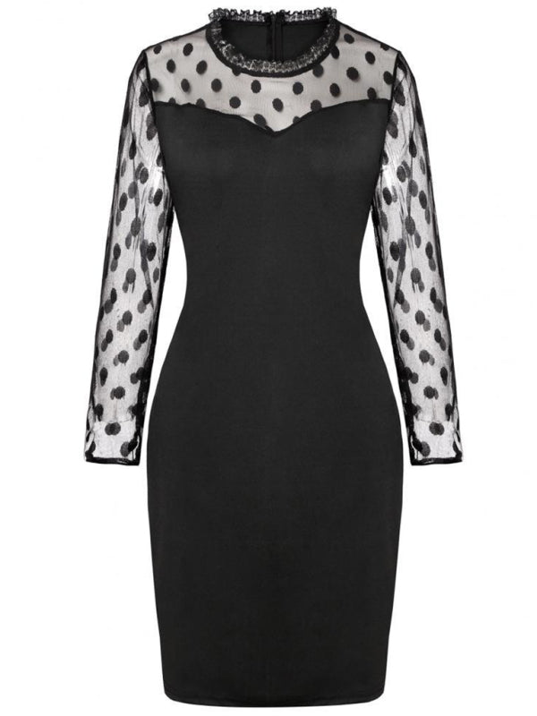 Polka Dot Mesh Long-Sleeve Lace Dress – Sheer Detail, Elegant Fit