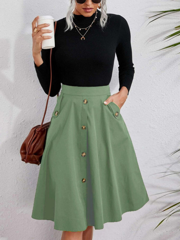 Button-Front Cotton Midi Skirt with Pockets