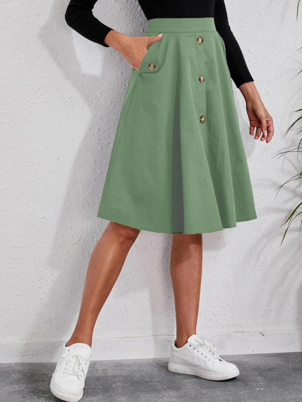 Button-Front Cotton Midi Skirt with Pockets
