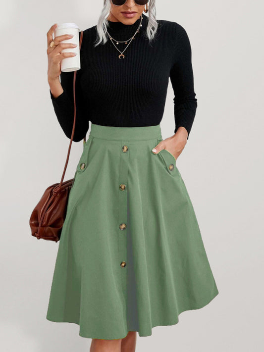 Button-Front Cotton Midi Skirt with Pockets