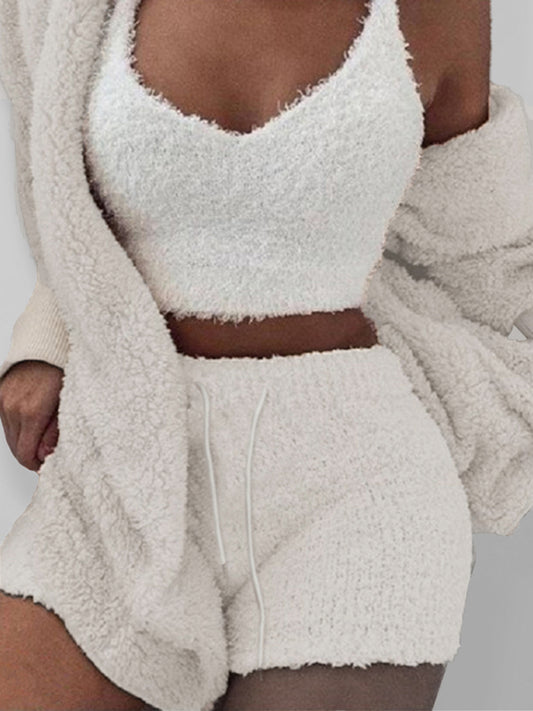 Plush Cotton 3-Piece Lounge Pajama Set – Long Sleeve, Cropped Vest & Shorts