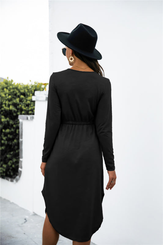 V-Neck Long Sleeve Tie Slit Midi Dress