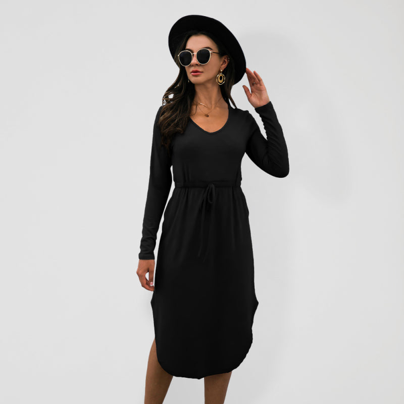 V-Neck Long Sleeve Tie Slit Midi Dress