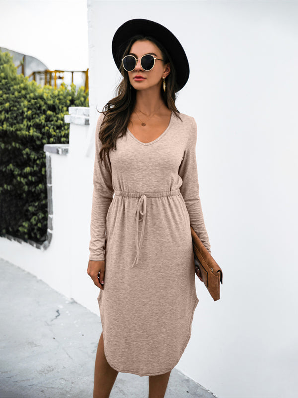 V-Neck Long Sleeve Tie Slit Midi Dress